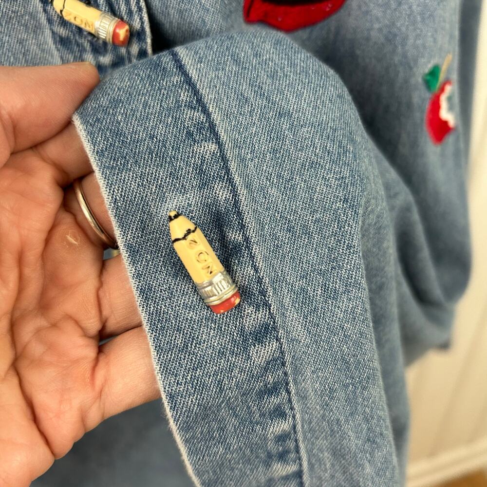 💗Sold💗not for sale💗Women Teacher Denim Button Up Top Long Sleeve Artsy School Bl - Picture 11 of 11